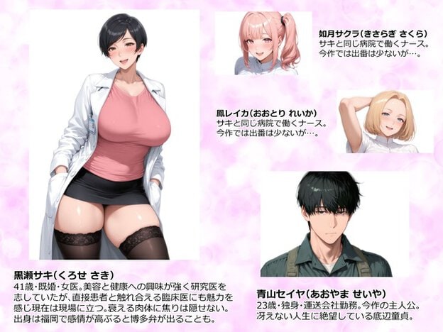 黒瀬サキが白衣と黒いスカートで笑い、如月サクラと鳳レイカと青山セイヤの紹介が並ぶ